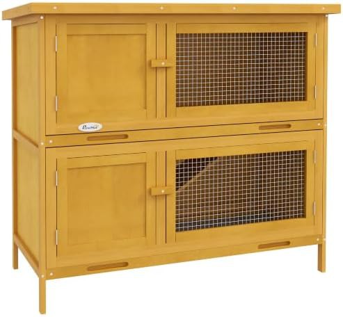 Yellow wooden hutch with weatherproof roof