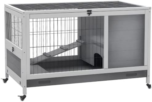 Elevated grey hutch with enclosed run