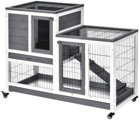 Elevated grey indoor hutch with wheels