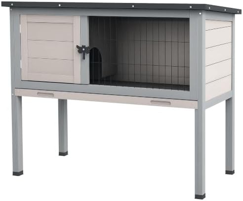 Elevated light gray wooden rabbit hutch