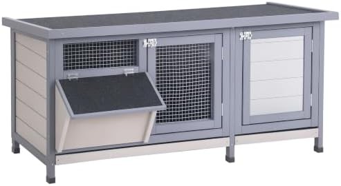 Gray wooden hutch with feeding trough