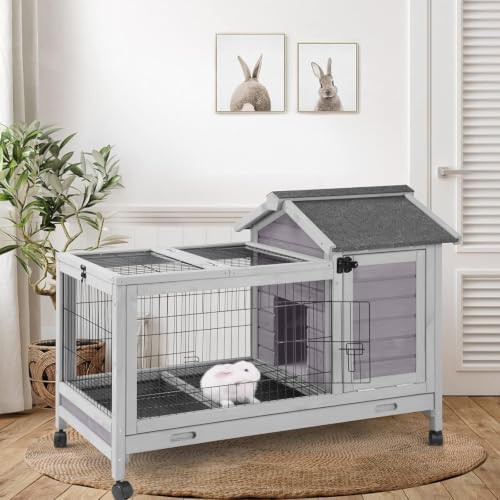 Grey Wood Bunny House with Wire Mesh