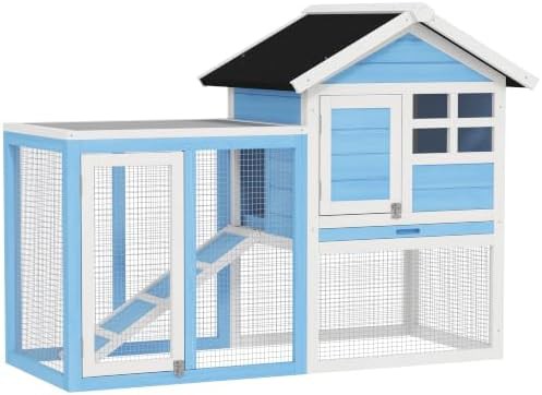 Light blue wooden hutch with run