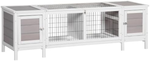 White wooden indoor bunny hutch with tray