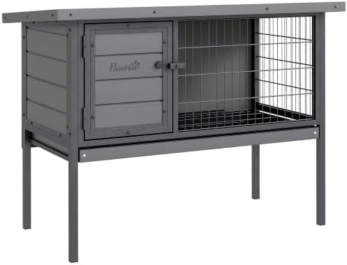 Elevated gray hutch with metal frame