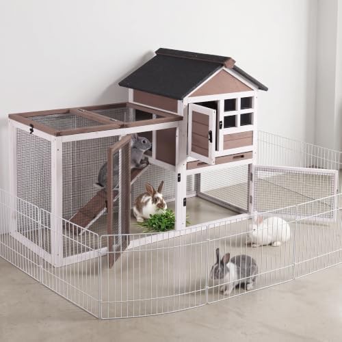Brown two story hutch with integrated run
