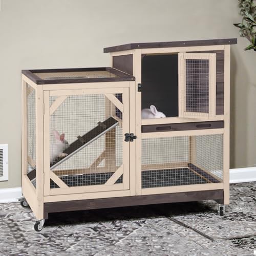Dark brown two story wooden rabbit cage