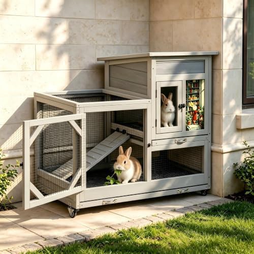 Grey indoor outdoor bunny cage with no spill design