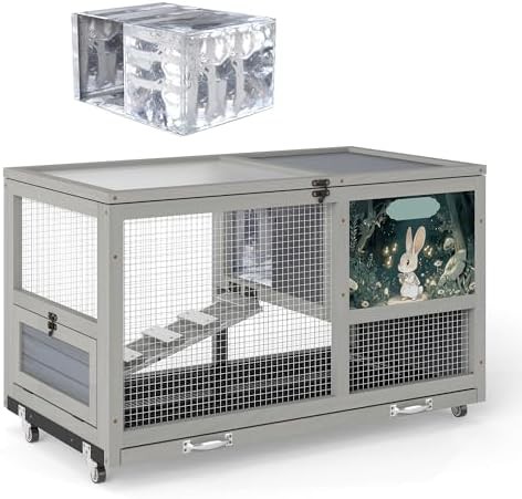 Heated double decker grey wooden hutch