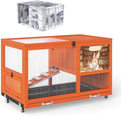 Heated double decker orange wooden hutch