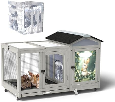 Heated grey rabbit hutch with wheels