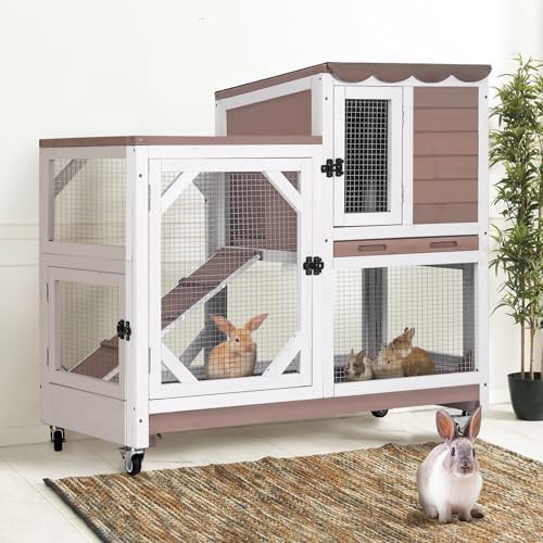 Brown and white wooden mobile bunny cage