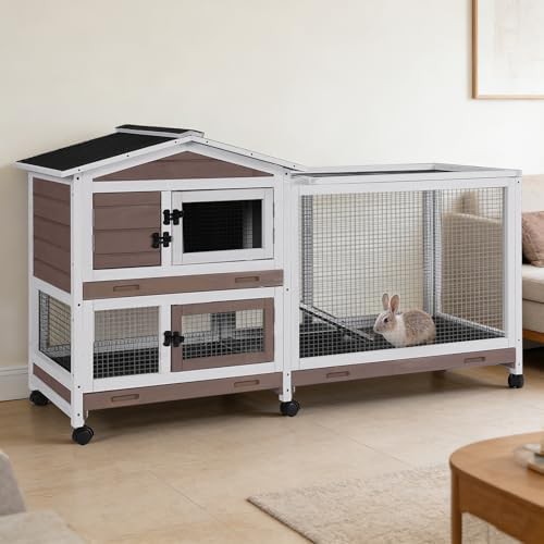 Brown mobile wooden hutch with leakproof tray
