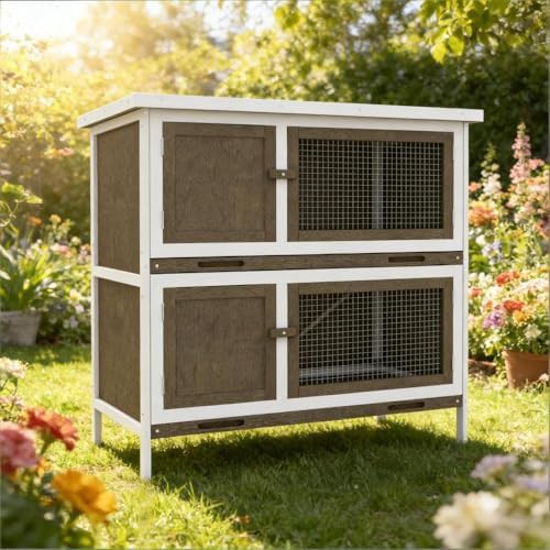 Double story wooden hutch with asphalt roof